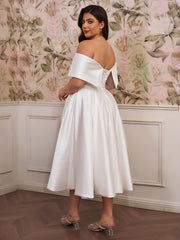 Satin Plus Size A-Line Wedding Dress with Off-the-Shoulder Cap Sleeves