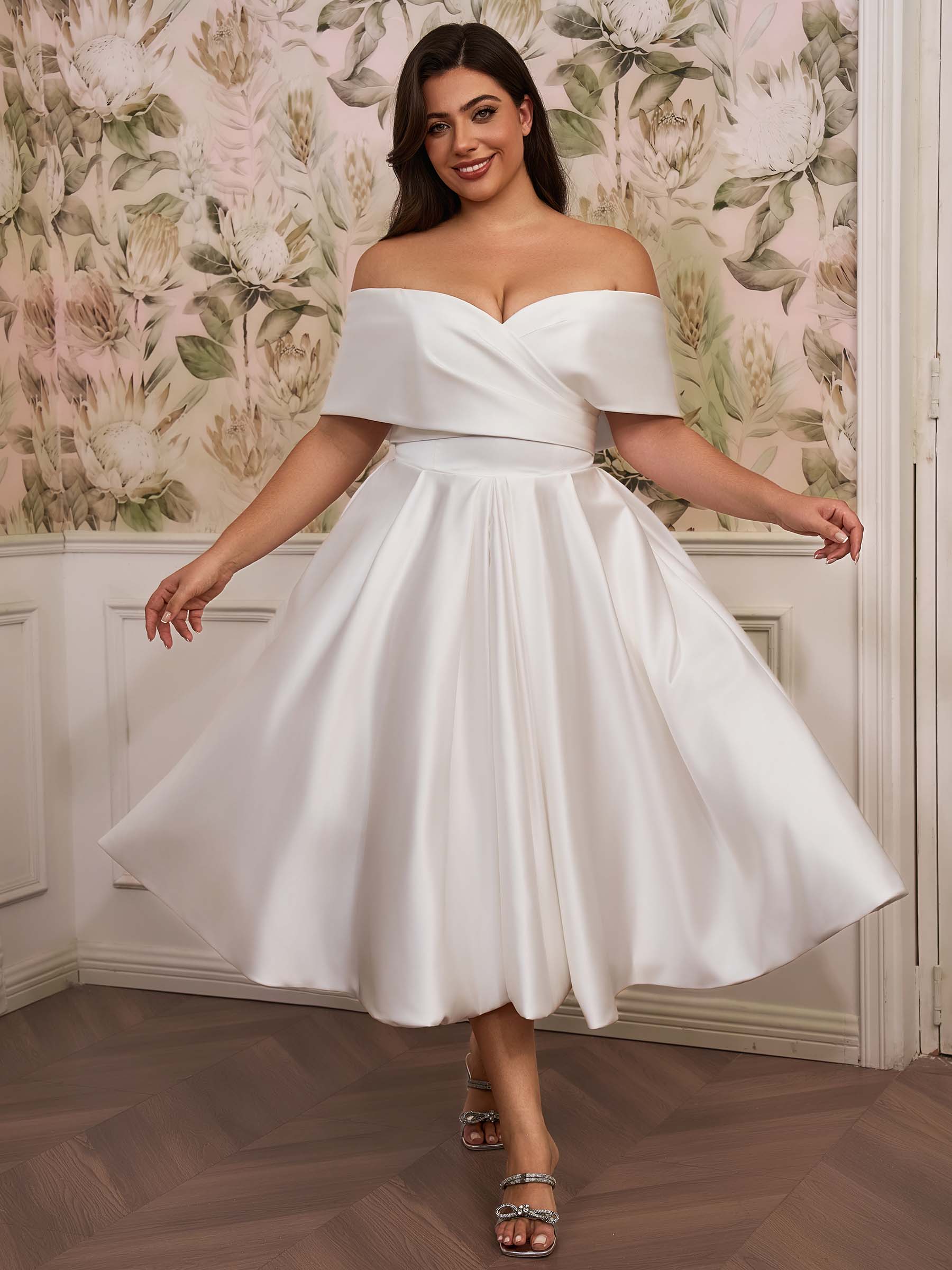 Satin Plus Size A-Line Wedding Dress with Off-the-Shoulder Cap Sleeves