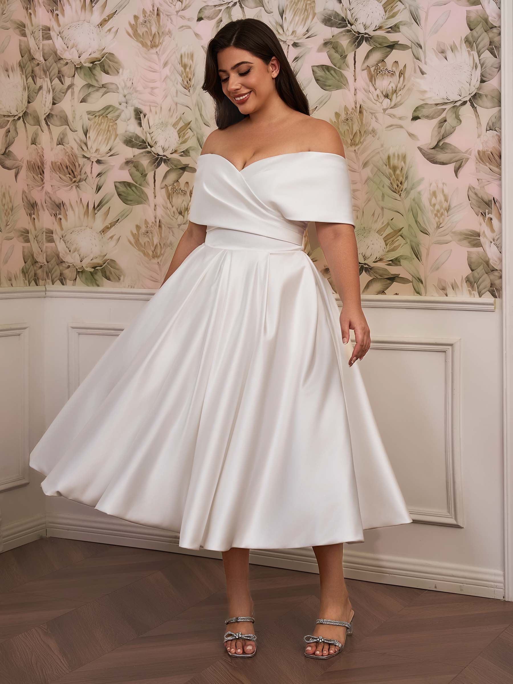 Satin Plus Size A-Line Wedding Dress with Off-the-Shoulder Cap Sleeves