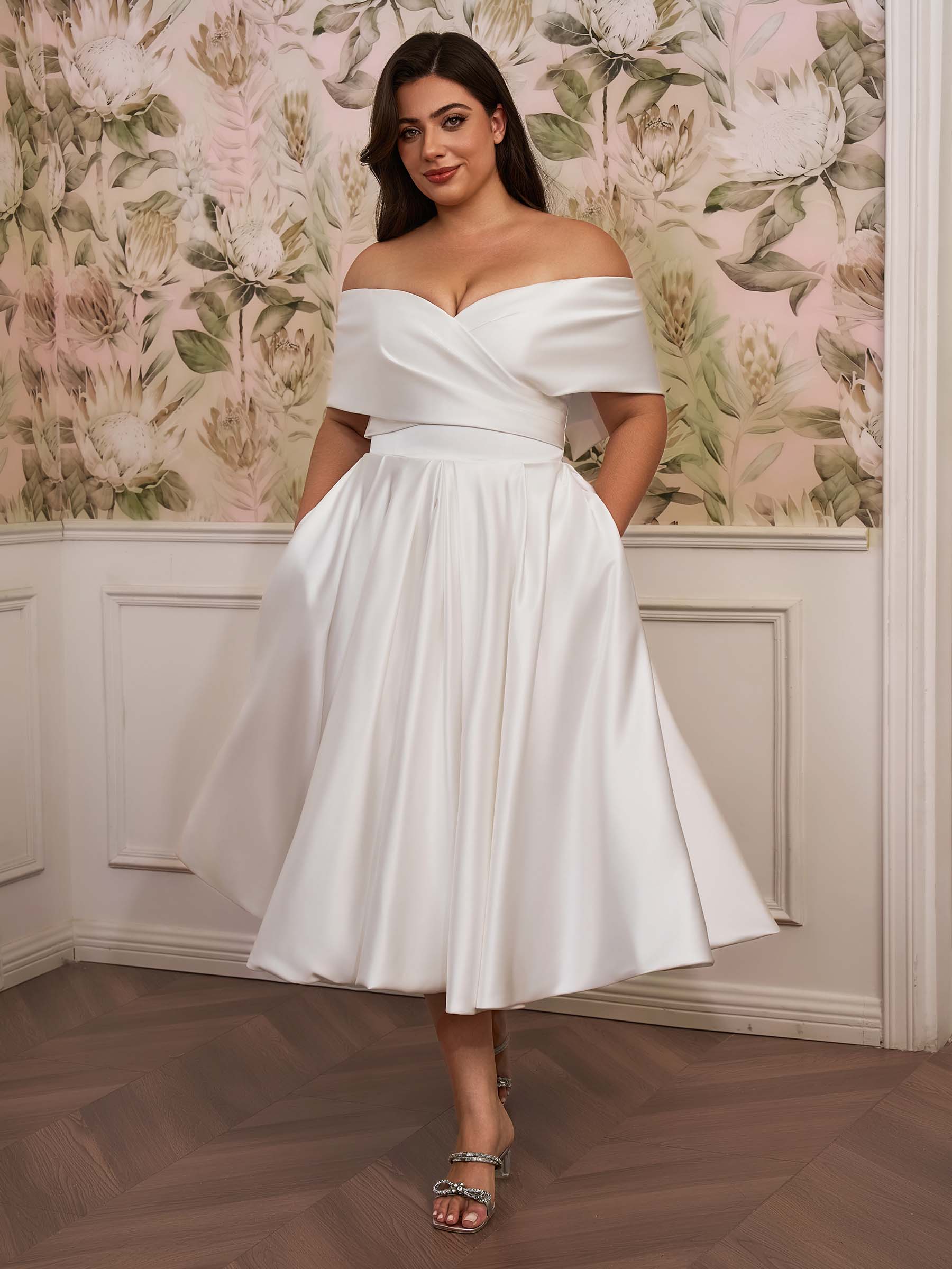 Satin Plus Size A-Line Wedding Dress with Off-the-Shoulder Cap Sleeves
