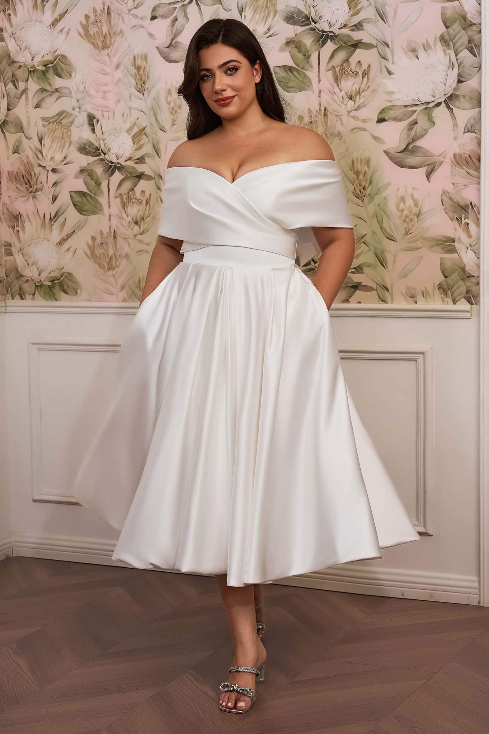 Satin Plus Size A-Line Wedding Dress with Off-the-Shoulder Cap Sleeves