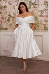 Satin Plus Size A-Line Wedding Dress with Off-the-Shoulder Cap Sleeves