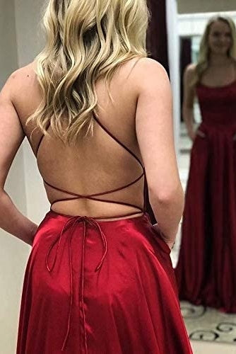 Satin Prom Dress A Line Spaghetti Straps Wedding Guest Dress with Slit