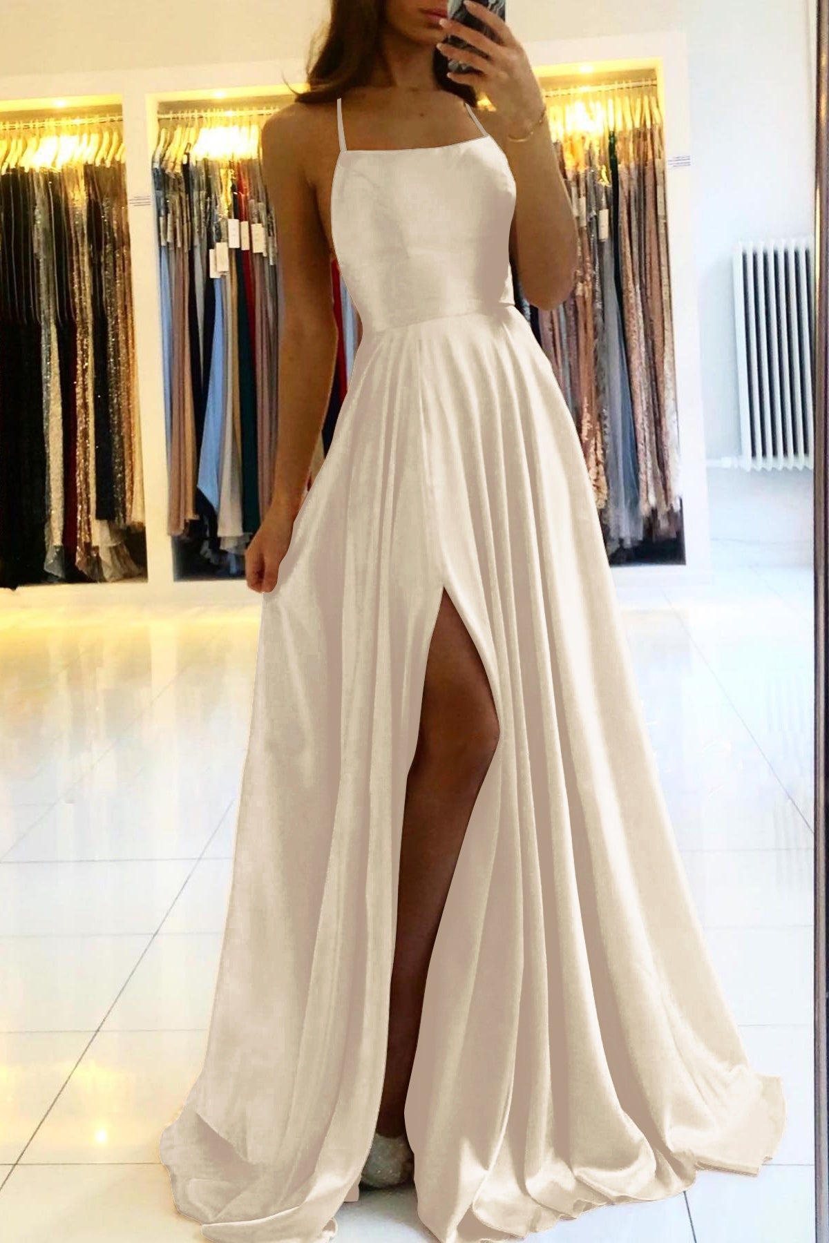 Satin Prom Dress A Line Spaghetti Straps Wedding Guest Dress with Slit