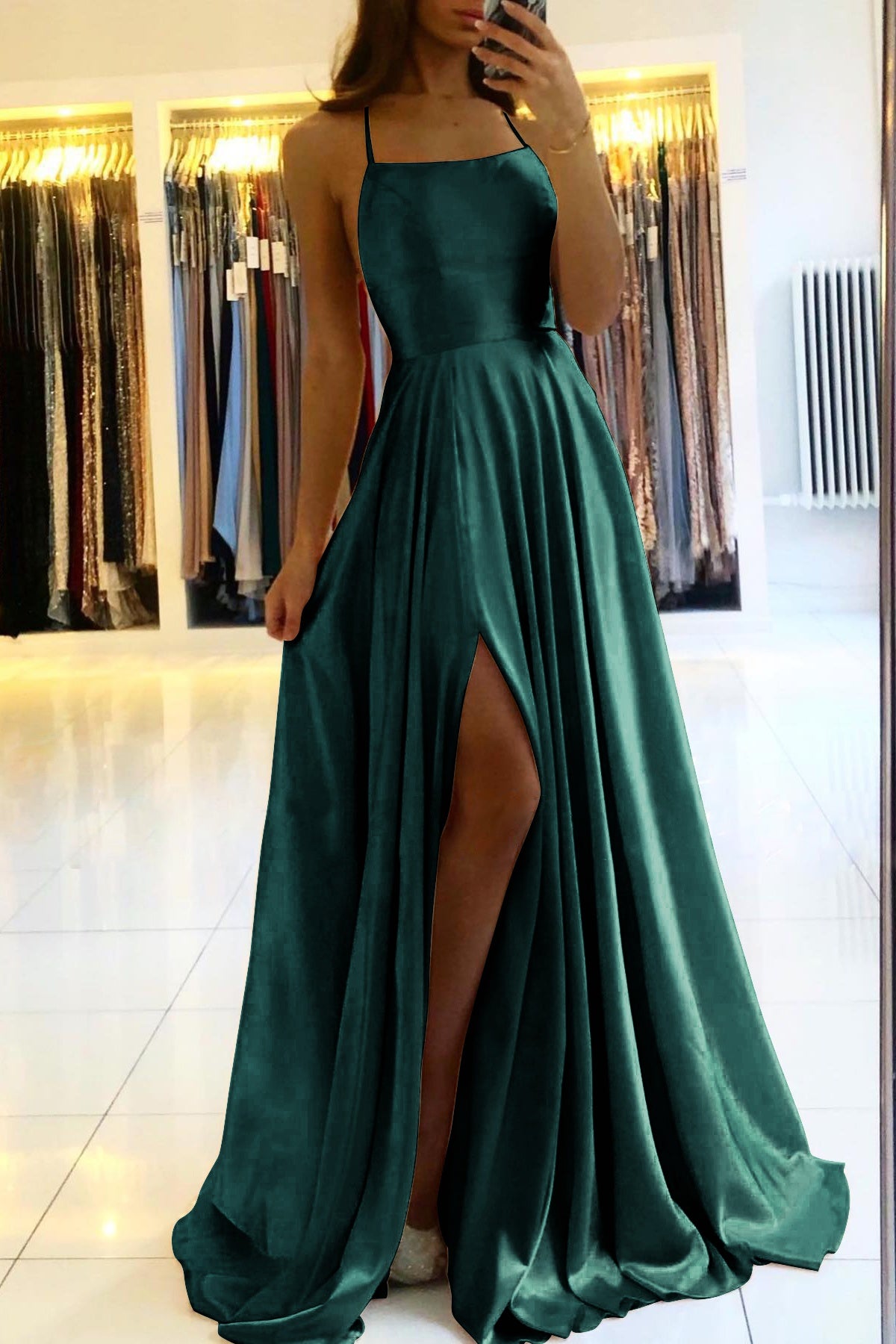 Satin Prom Dress A Line Spaghetti Straps Wedding Guest Dress with Slit