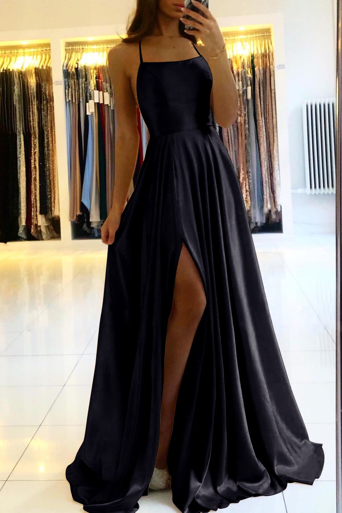 Satin Prom Dress A Line Spaghetti Straps Wedding Guest Dress with Slit