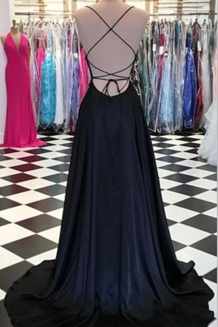 Satin Prom Dress A Line Spaghetti Straps Wedding Guest Dress with Slit