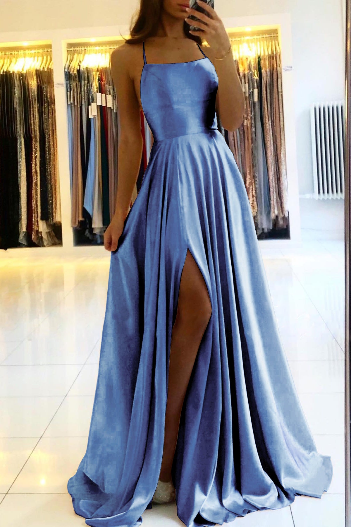 Satin Prom Dress A Line Spaghetti Straps Wedding Guest Dress with Slit