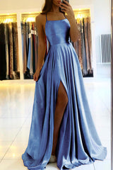 Satin Prom Dress A Line Spaghetti Straps Wedding Guest Dress with Slit