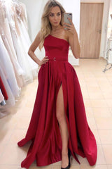 Satin Prom Dress One Shoulder Long Red Evening Dress
