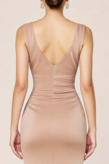 Satin Prom Dress Sheath Boat Neck Long Formal Dress With Slit