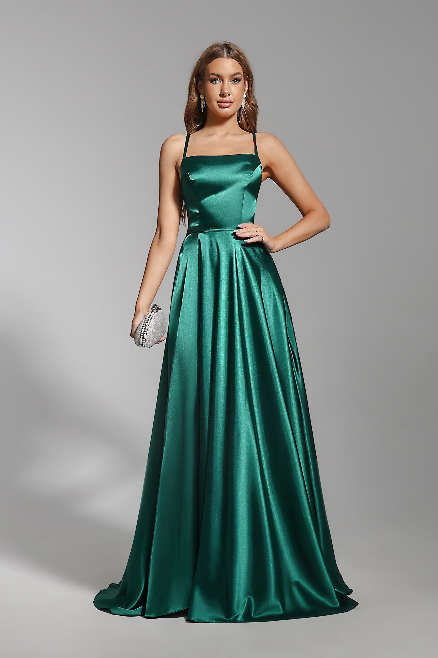 Satin Prom Dress Spaghetti Straps A Line Wedding Guest Dress with Slit
