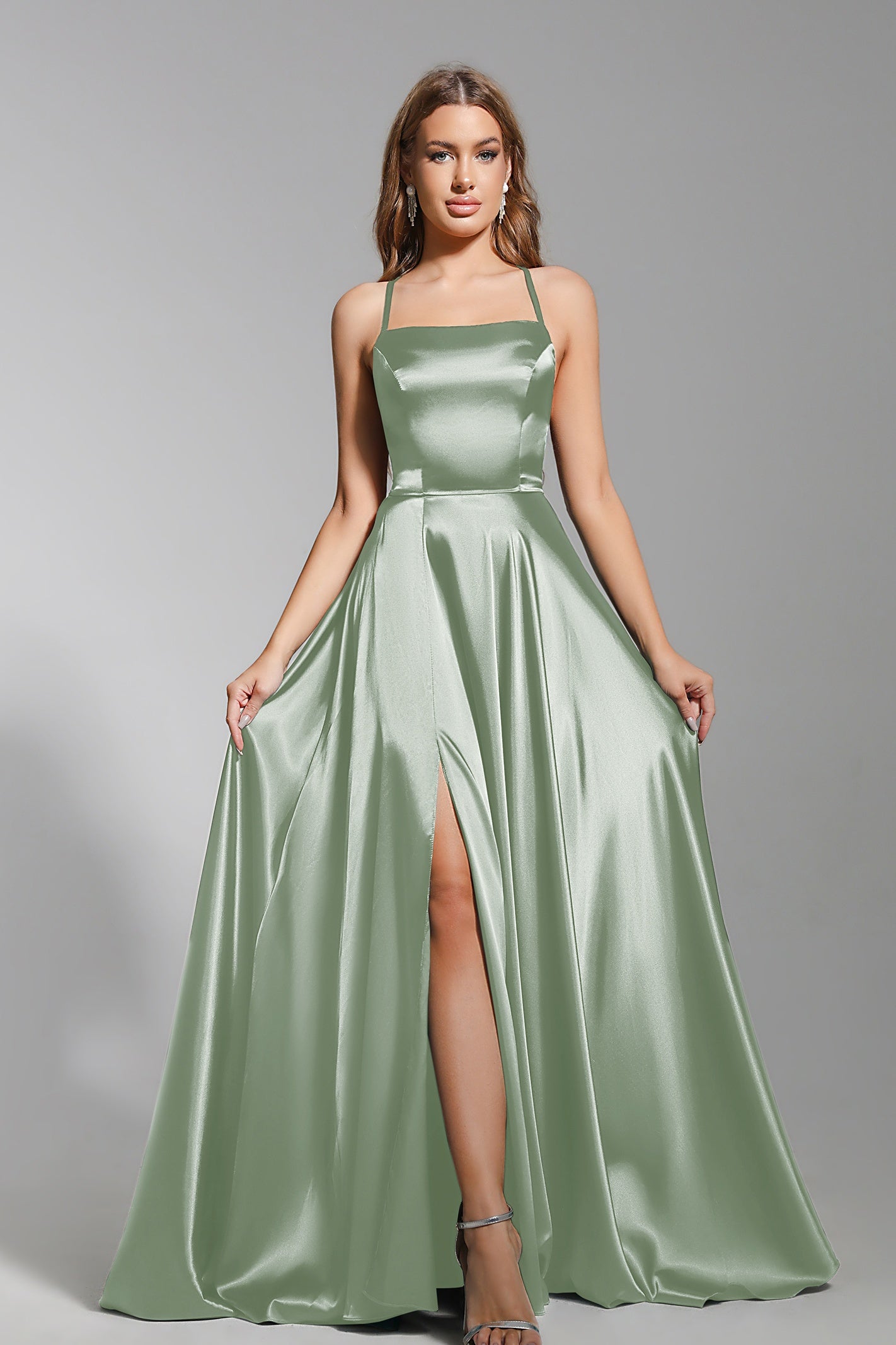 Satin Prom Dress Spaghetti Straps A Line Wedding Guest Dress with Slit
