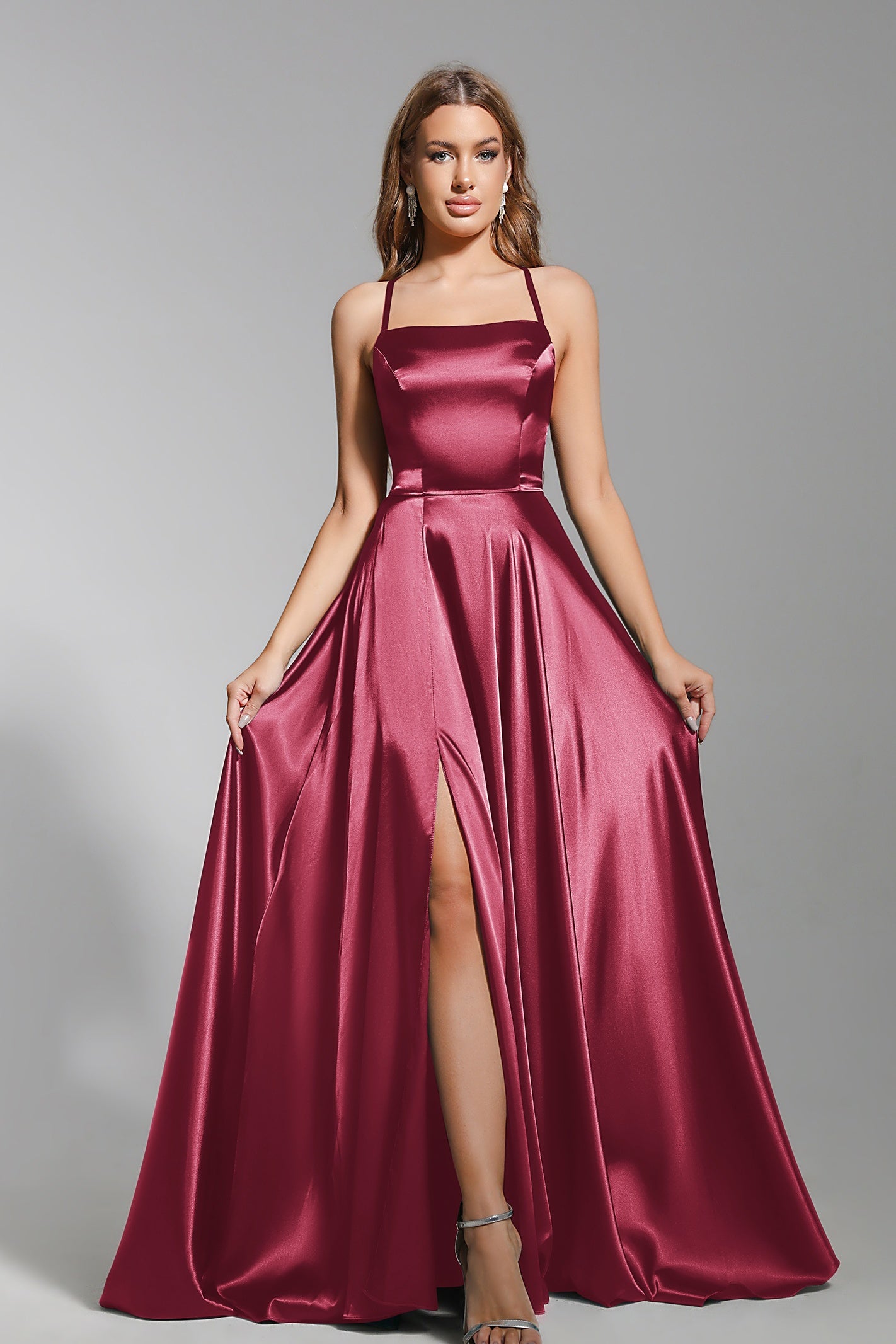 Satin Prom Dress Spaghetti Straps A Line Wedding Guest Dress with Slit