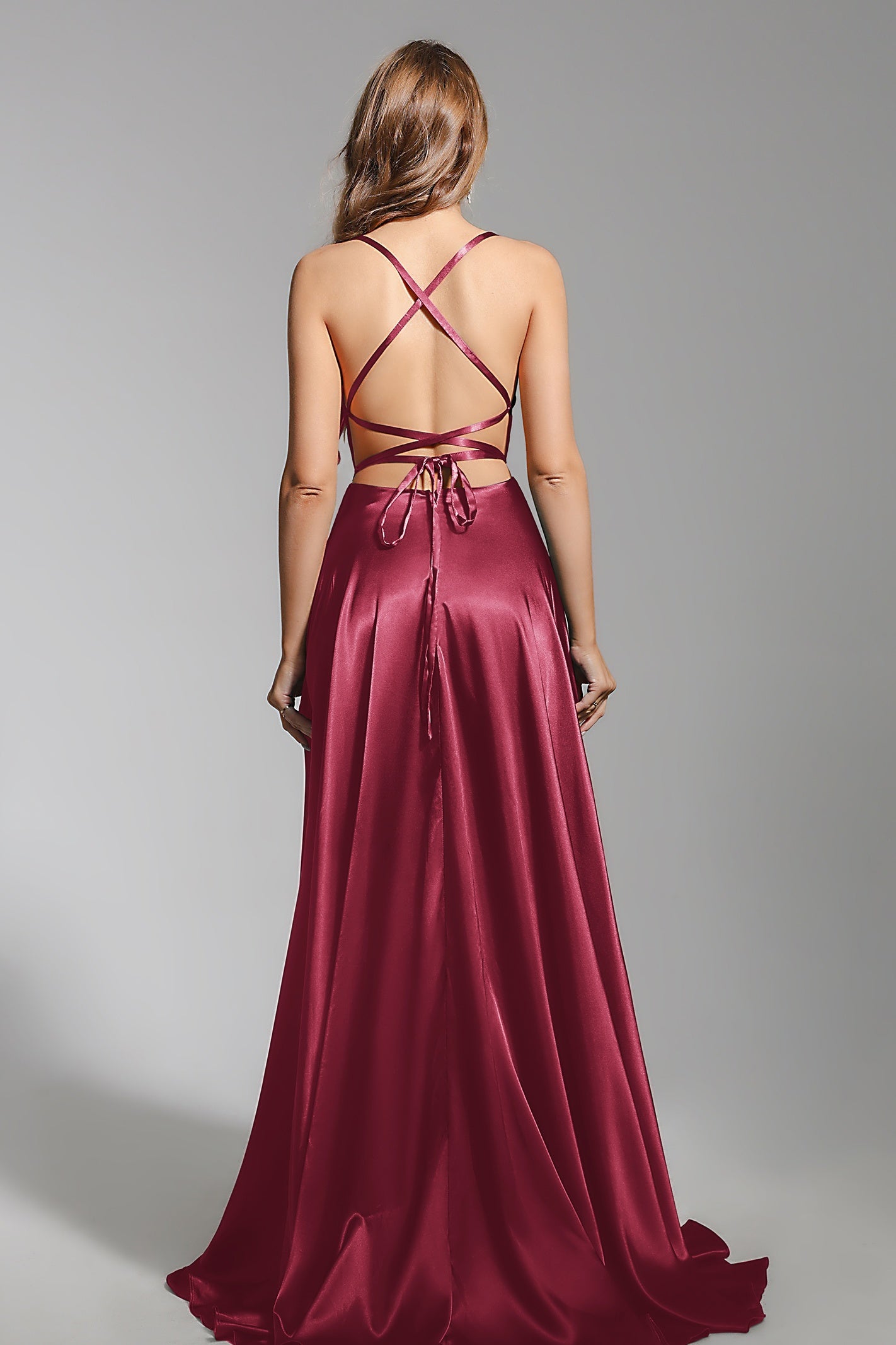 Satin Prom Dress Spaghetti Straps A Line Wedding Guest Dress with Slit