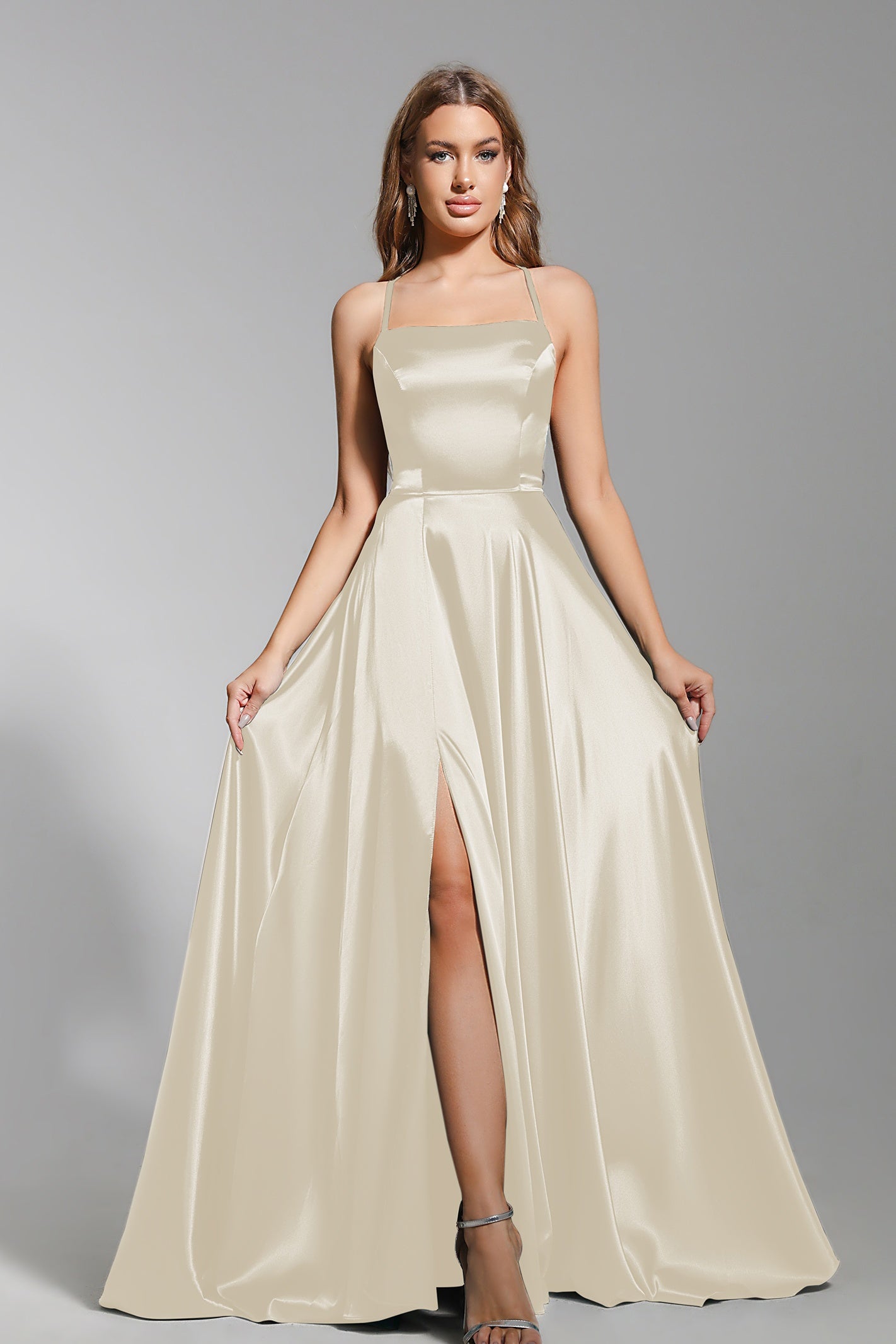 Satin Prom Dress Spaghetti Straps A Line Wedding Guest Dress with Slit