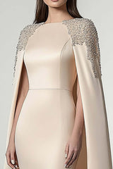 Satin Sheath Champagne Wedding Guest Dress Knee-Length Formal Dress With Shawl