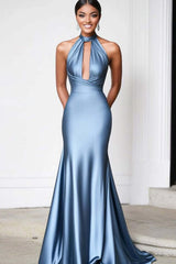 Satin Sheath Grey Blue Wedding Guest Dress Halter Long Formal Dress