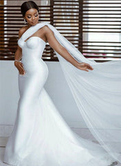 Satin Trumpet/Mermaid One Shoulder Strapless Court Train Wedding Dress
