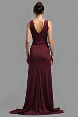 Satin V-Neck Cabernet Sheath Long Formal Dress