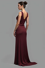 Satin V-Neck Cabernet Sheath Long Formal Dress