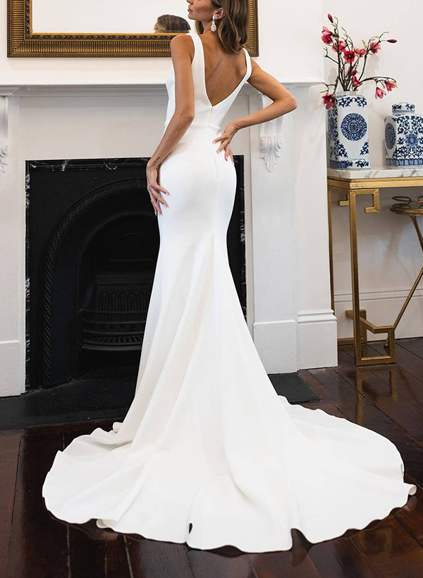 Satin Wedding Dress Elegant Trumpet/Mermaid V Neck Sleeveless