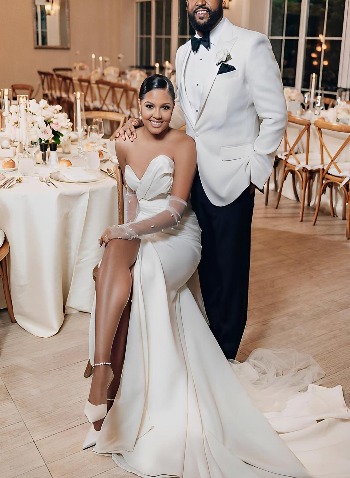 Satin Wedding Dress With Split Front Sheath Sleeveless Sweep Train