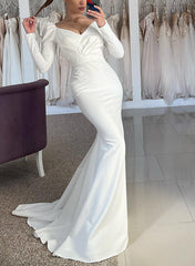 Satin Wedding Dress with Trumpet/Mermaid V Neck Long Sleeves and Sweep Train