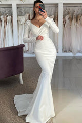 Satin Wedding Dress with Trumpet/Mermaid V Neck Long Sleeves and Sweep Train