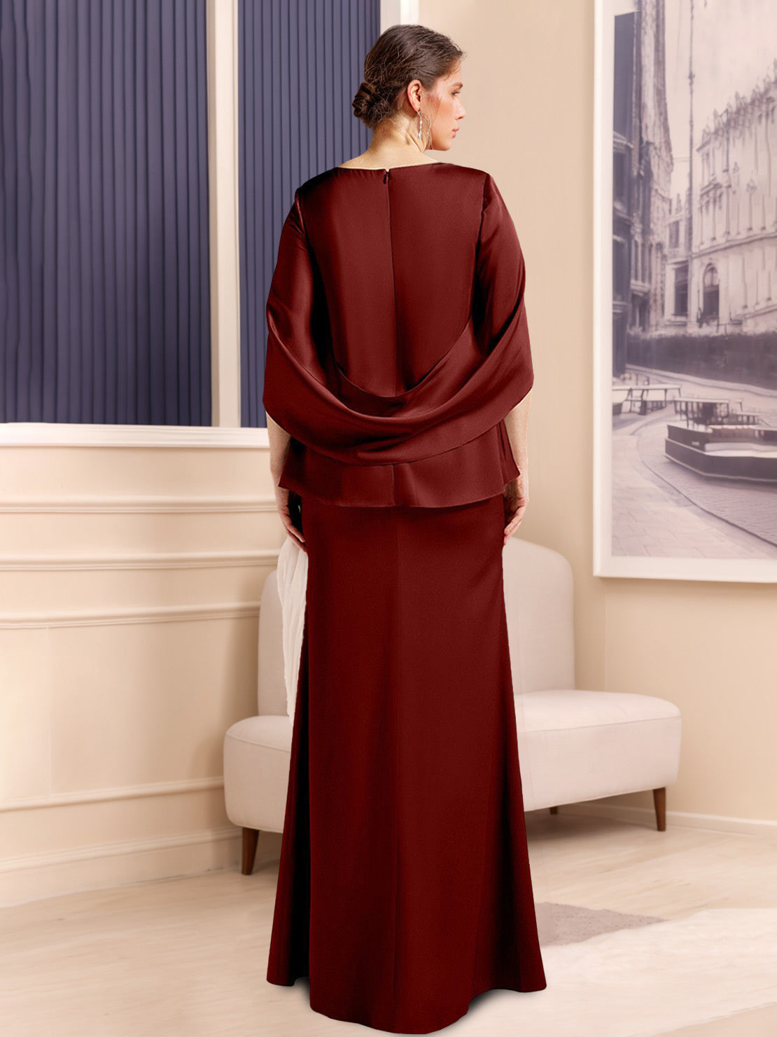 Scoop Neck Sheath Dress with Half Sleeves in Stretch Satin for Plus-Size Mothers