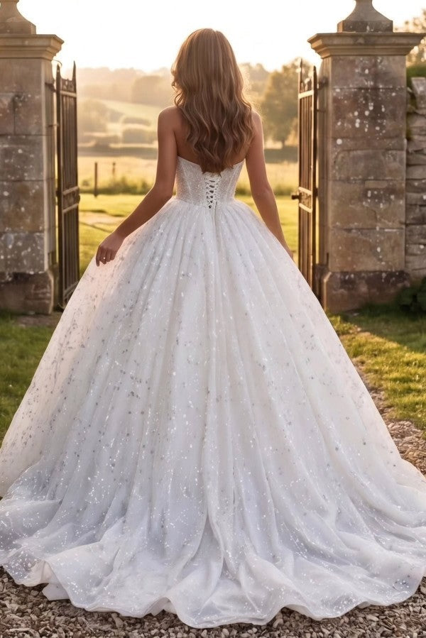 Sequin Ball Gown Wedding Dress with Bow Sleeves and Corset Bodice