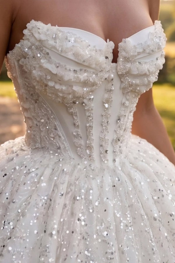 Sequin Ball Gown Wedding Dress with Bow Sleeves and Corset Bodice