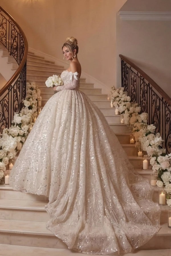 Sequin Ball Gown Wedding Dress with Bow Sleeves and Corset Bodice