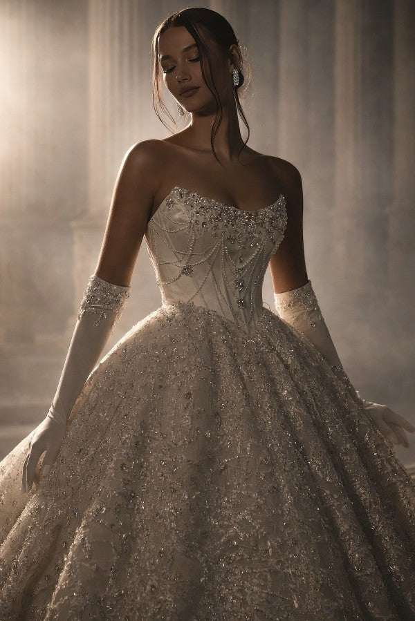 Sequin Ball Gown Wedding Dress with Pearl Draped Corset Bodice