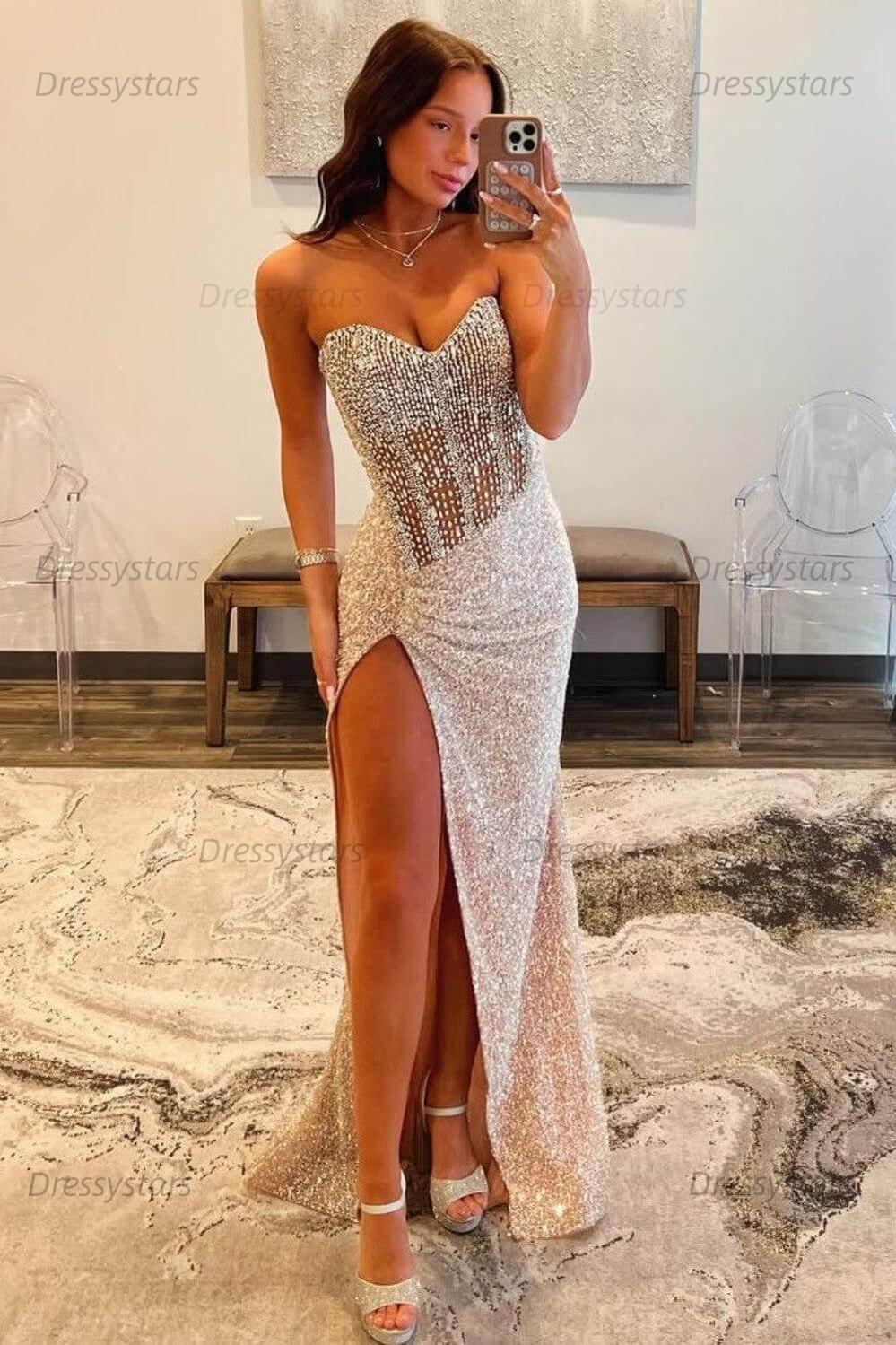 Blue Prom Dress Sweetheart Long Evening Dress with Slit