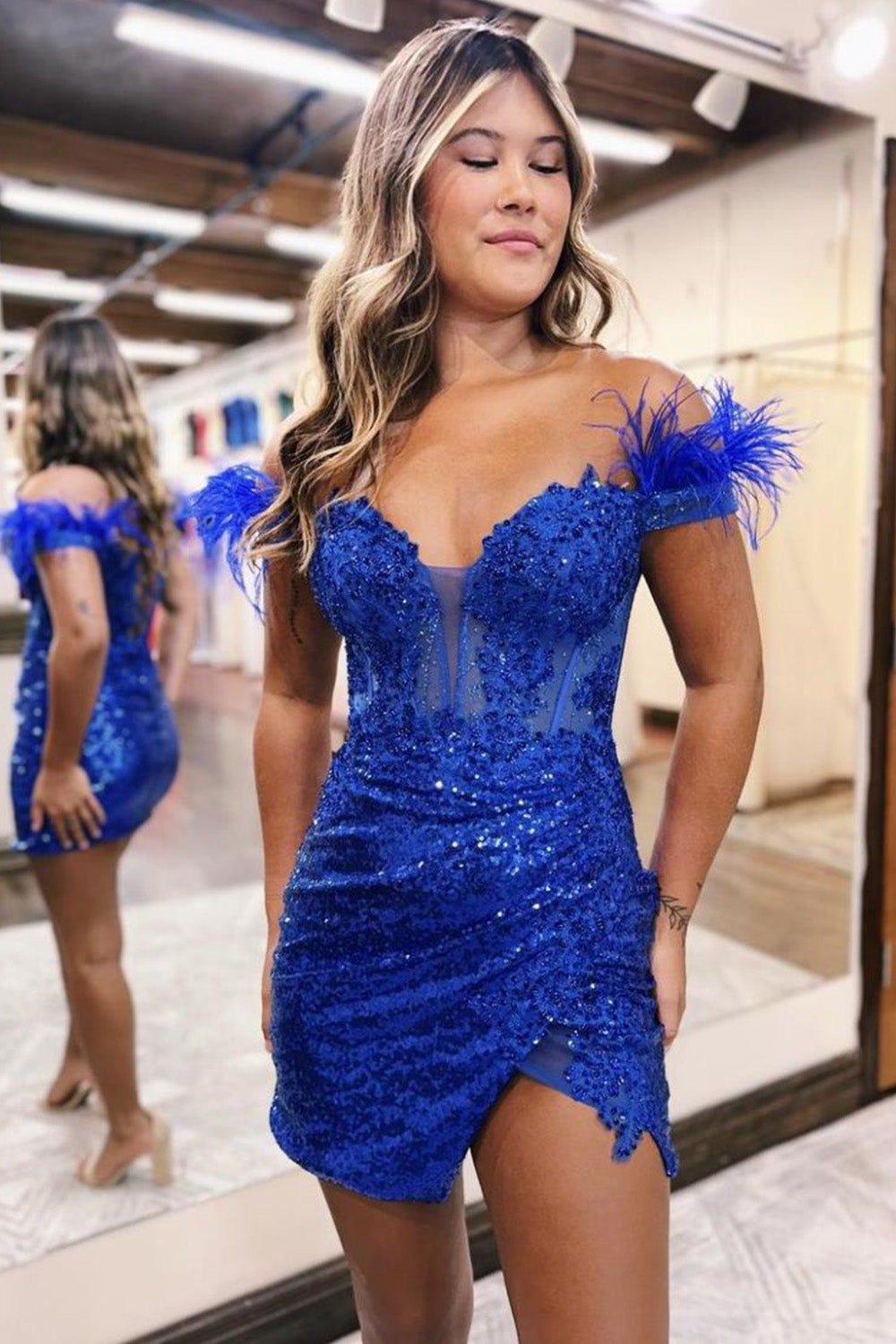 Sequin Homecoming Dress Style Off The Shoulder Lace Up Corset With Chic Feather Short Party Cocktail Dress