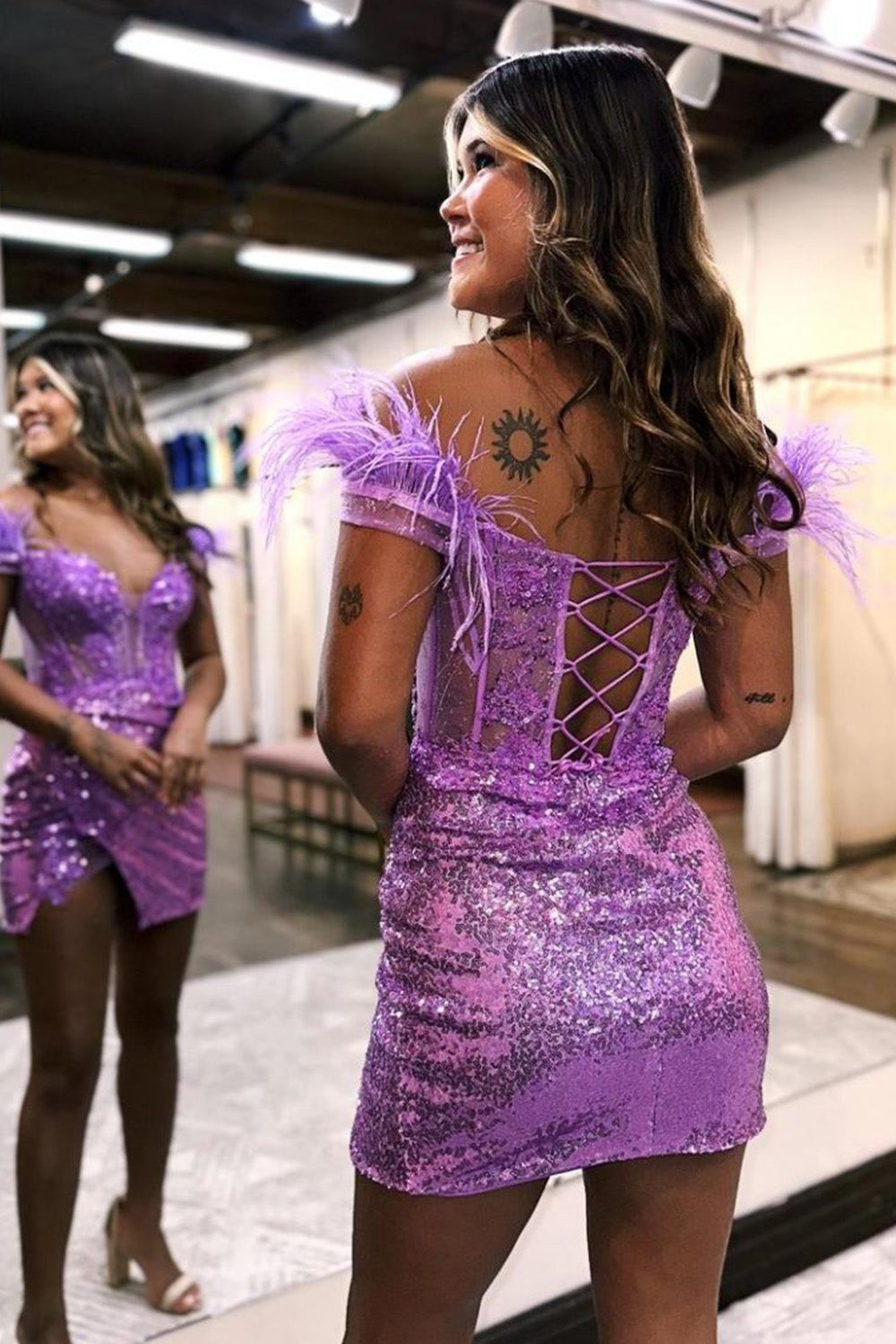 Sequin Homecoming Dress Style Off The Shoulder Lace Up Corset With Chic Feather Short Party Cocktail Dress