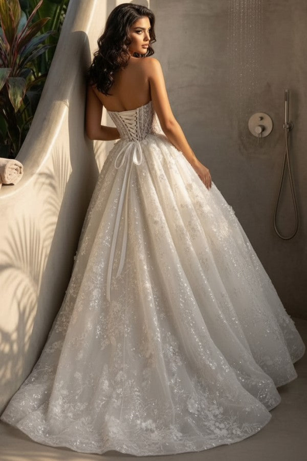 Sequin Lace Ball Gown Wedding Dress with 3D Floral Bodice and Lace-Up Back