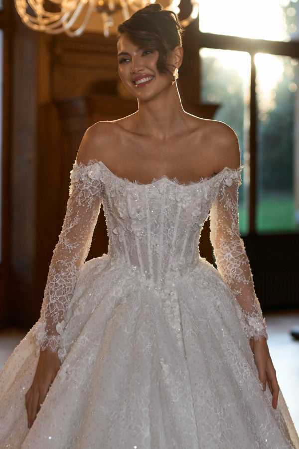 Sequin Lace Ball Gown Wedding Dress with Sheer Corset and Illusion Sleeves