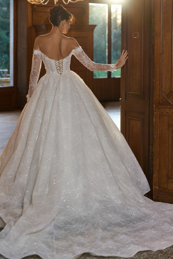Sequin Lace Ball Gown Wedding Dress with Sheer Corset and Illusion Sleeves