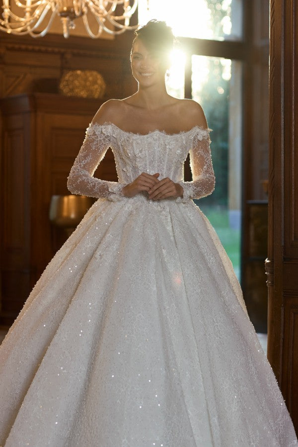 Sequin Lace Ball Gown Wedding Dress with Sheer Corset and Illusion Sleeves