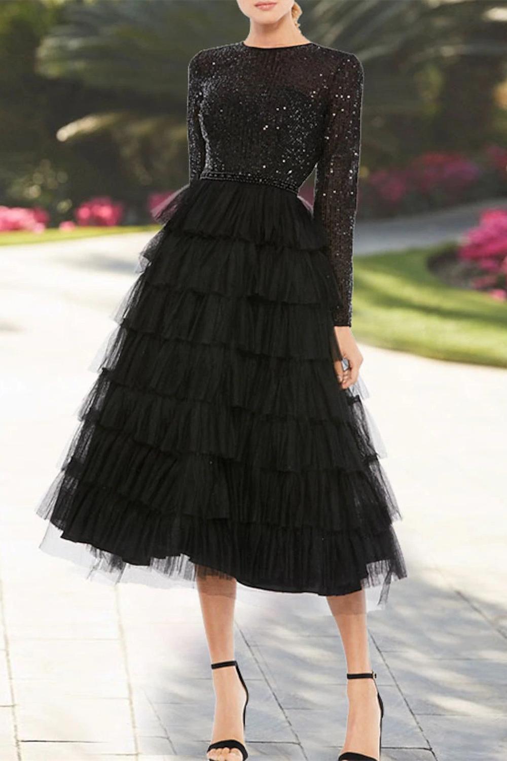 Sequin-Tiered Tea-Length A-Line Dress with Jewel Neckline and Long Sleeves for the Mother of the Bride