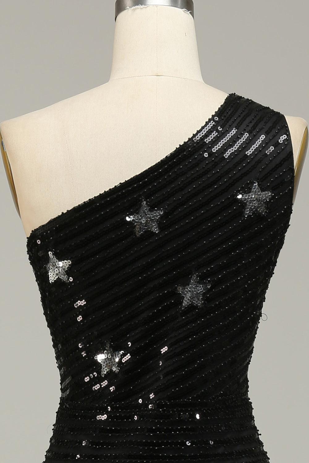 Sequined Black Prom Dress One Shoulder Long Evening Dress with Stars