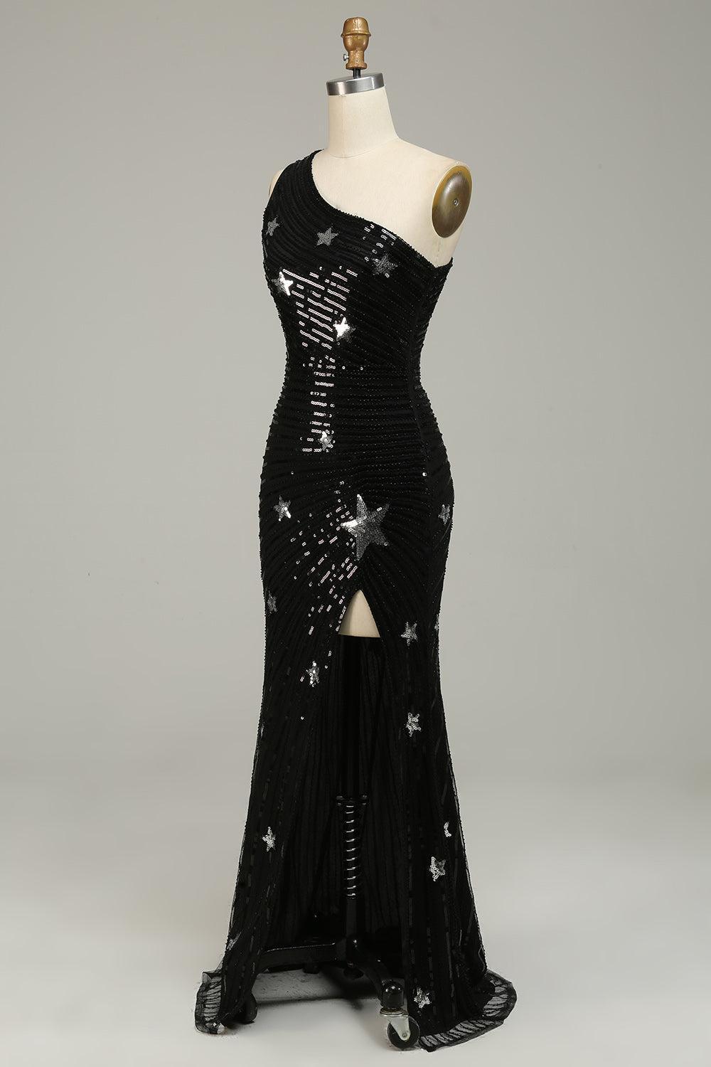 Sequined Black Prom Dress One Shoulder Long Evening Dress with Stars