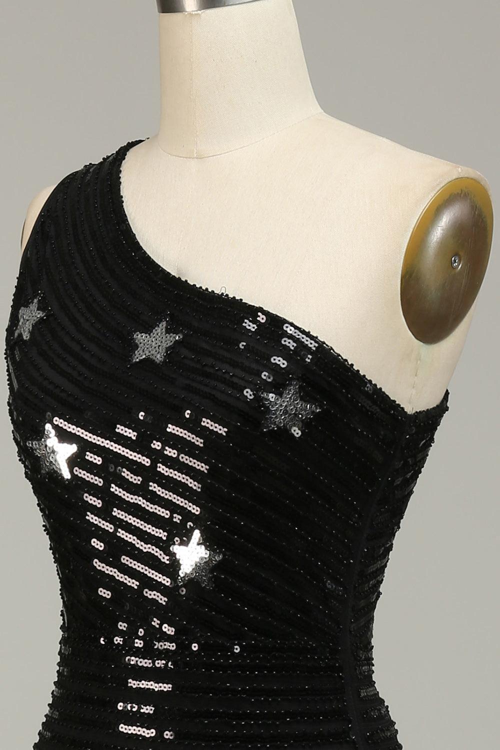 Sequined Black Prom Dress One Shoulder Long Evening Dress with Stars