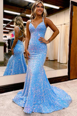 Sequined Blue Prom Dress Mermaid Long Backless Evening Dress