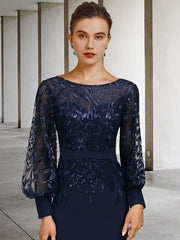 Sequined Floor-Length Mother of the Bride Dress with Scoop Neck and Long Sleeves