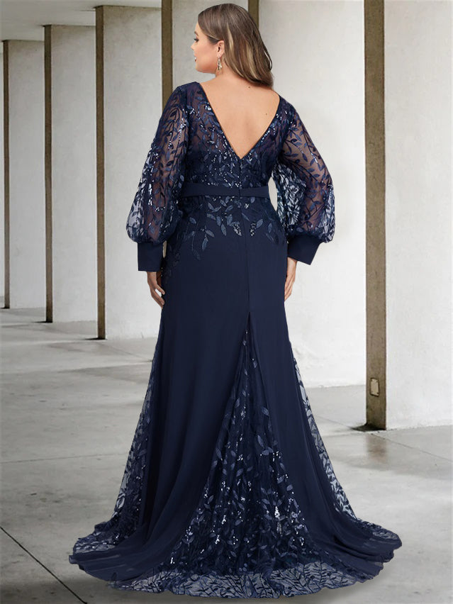 Sequined Floor-Length Mother of the Bride Dress with Scoop Neck and Long Sleeves