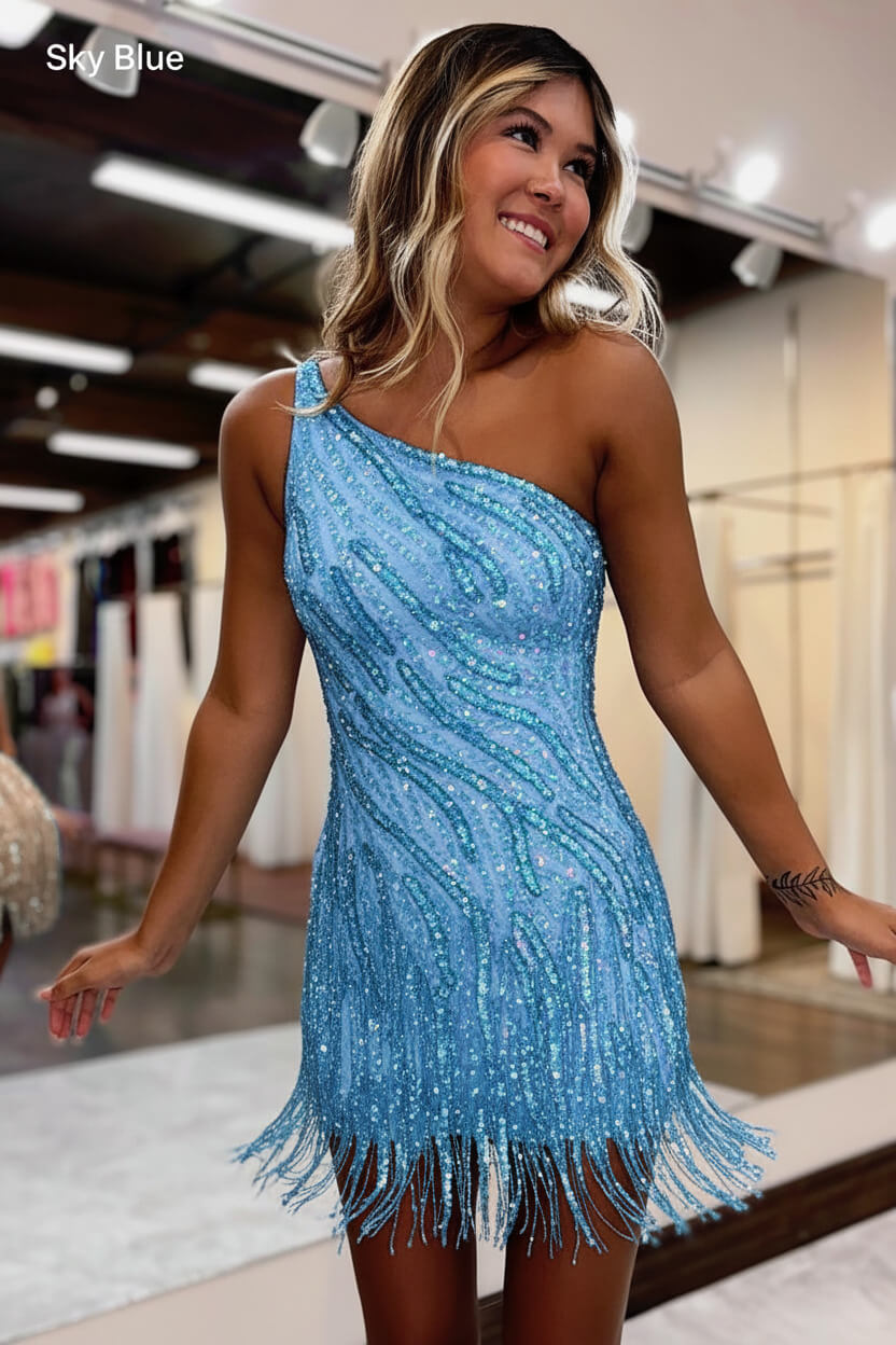 Sequined Homecoming Dress One Shoulder Short Party Cocktail Dress