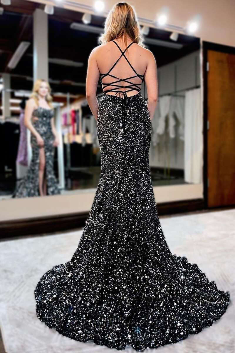 Sequined Prom Dress Lace up Back Black Mermaid Evening Dress with Slit